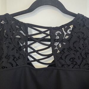 Michel Studio Bell 3/4 Sleeves Black Lace Crisscross Top